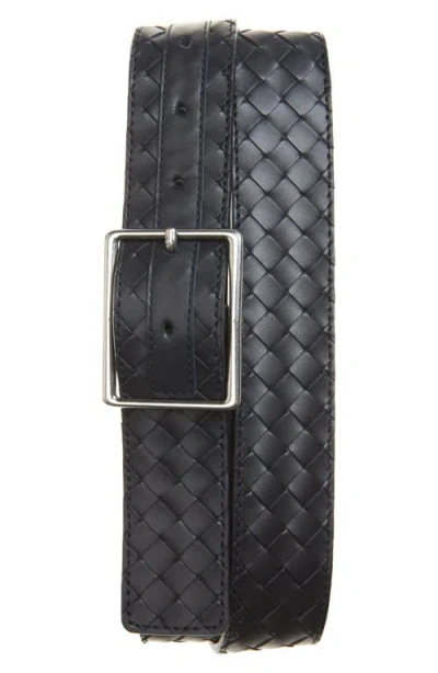 Bottega Veneta Intrecciato Leather Belt In 4028 Space/silver