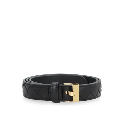 Bottega Veneta Narrow Woven Belt With Gold-tone Buckle In Brown
