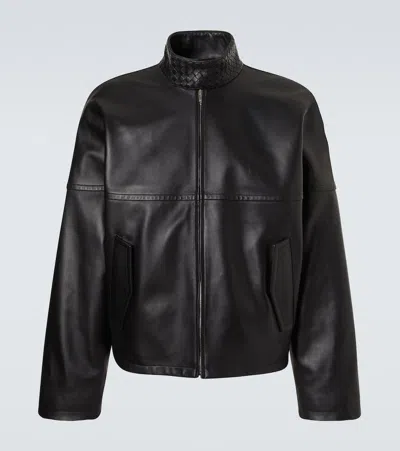 Bottega Veneta Intrecciato Leather Blouson Jacket In Black