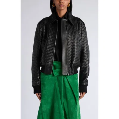Bottega Veneta Intrecciato Leather Bomber Jacket In Black