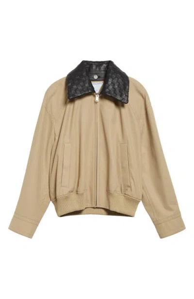 Bottega Veneta Intrecciato Leather Collar Twill Blouson Jacket In Brown