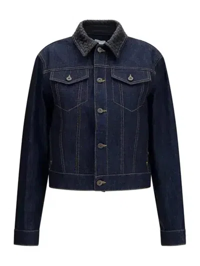 Bottega Veneta Intrecciato Leather Collar Utility Jacket In Blue
