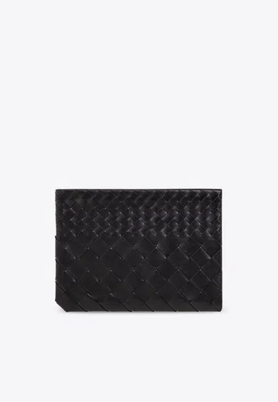 Bottega Veneta Intrecciato Leather Half Zip Pouch In Black