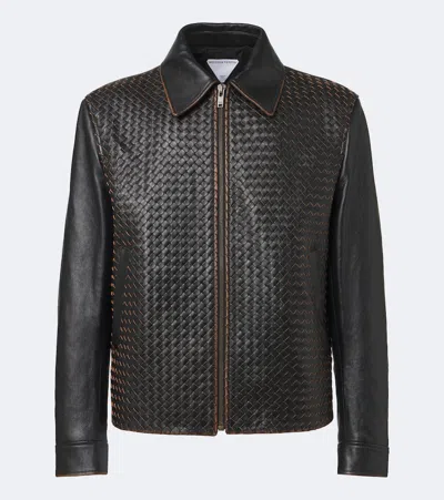 Bottega Veneta Intrecciato Leather Jacket In Black