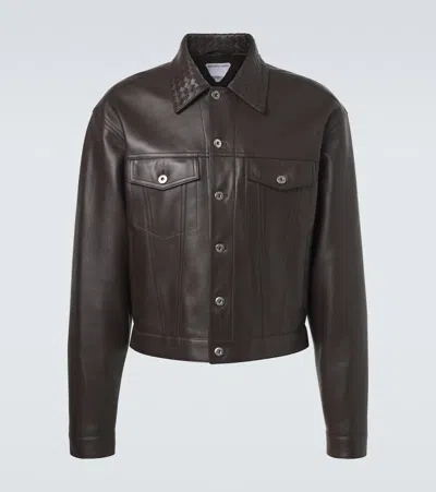 Bottega Veneta Mens Dark Carrubo Intreccio-collar Soft Natural Leather Jacket In Multi