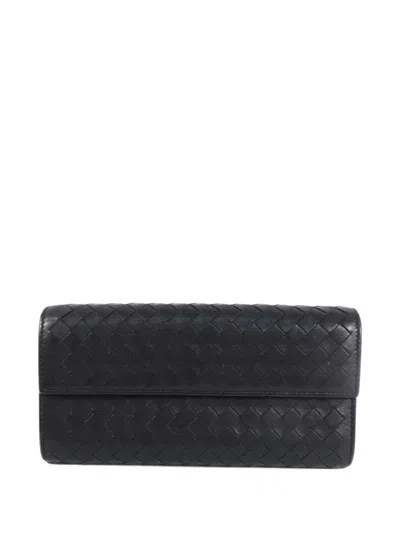 Pre-owned Bottega Veneta Intrecciato Leather Long Wallet In Black