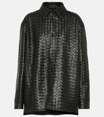 Bottega Veneta Intrecciato Casual Leather Shirt In Black