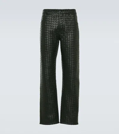 Bottega Veneta Intrecciato-weave Leather Trousers In Dark Green