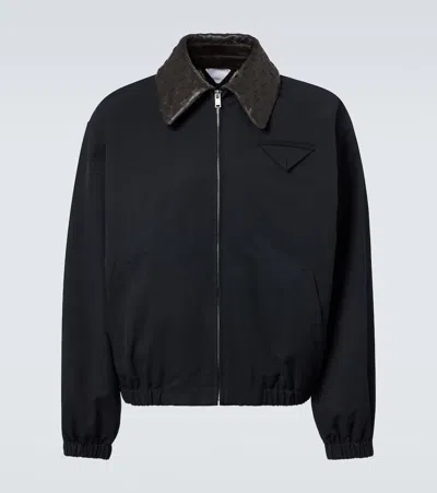 Bottega Veneta Mens Midnight Blue Intrecciato-collar Blouson Cotton-blend Jacket