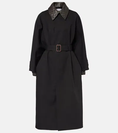 Bottega Veneta Intrecciato Leather-trimmed Cotton-blend Coat In Black