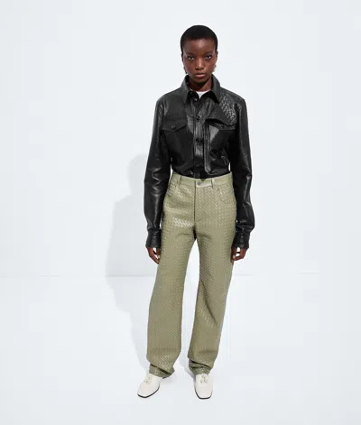 Bottega Veneta Intrecciato Leather Trousers In Tarragon