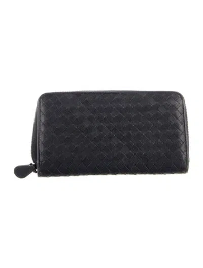 Pre-owned Bottega Veneta Intrecciato Leather Zip Around Continental Intrecciato Weave Continental Wallet In Blue