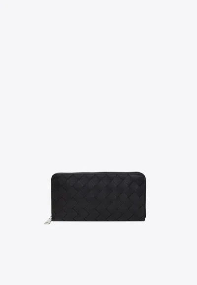 Bottega Veneta Intrecciato Piccolo Leather Zip-around Wallet In Black