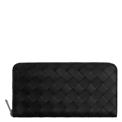 Bottega Veneta Intrecciato Leather Zip Around Wallet In ["black","silver Tone"]