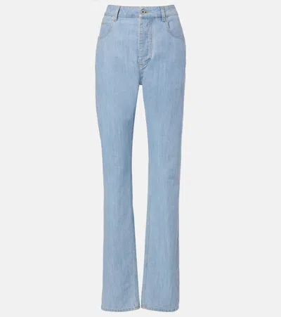 Bottega Veneta Intrecciato Leather-trimmed Straight Jeans In Blue