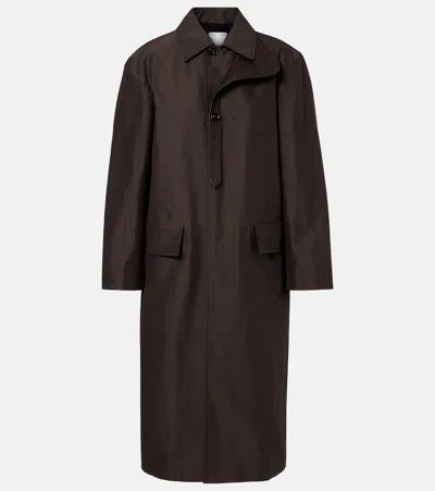 Bottega Veneta Intrecciato Leather-trimmed Trench Coat In Brown