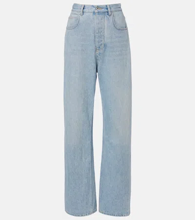 Bottega Veneta Intrecciato Leather-trimmed Wide-leg Jeans In Blue