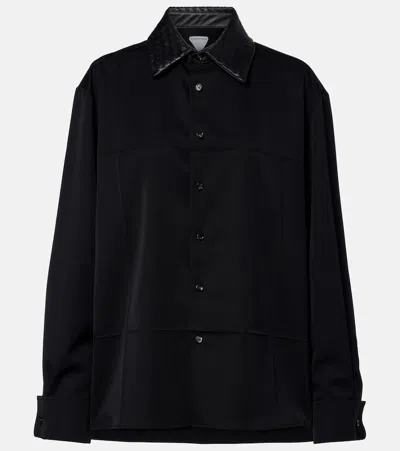 Bottega Veneta Black Wool Shirt With Intrecciato Leather Collar