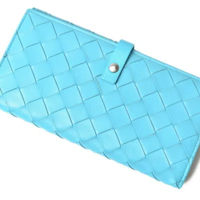 Pre-owned Bottega Veneta Intrecciato Light Blue Leather Long Wallet (bi-fold) ()