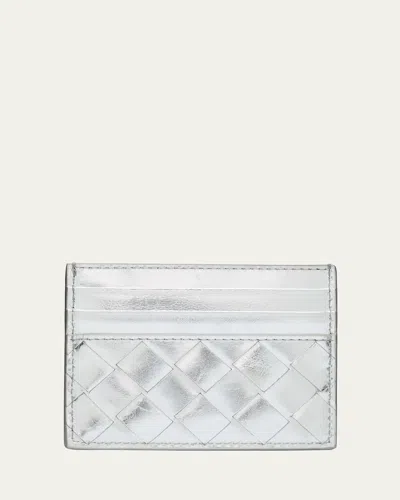 Bottega Veneta Intrecciato Metallic Leather Card Case In Silver