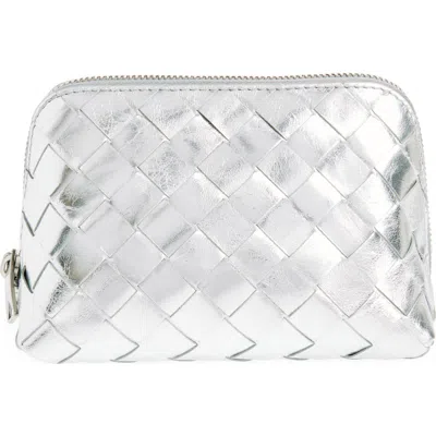 Bottega Veneta Intrecciato Metallic Leather Cosmetic Bag In Silverilver