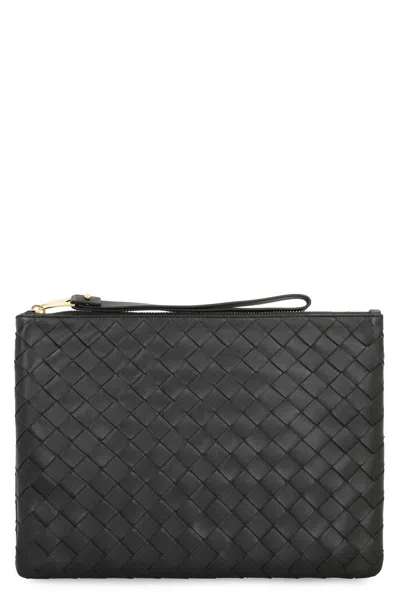 Bottega Veneta Intrecciato Mini Leather Flat Pouch Handbag In Black