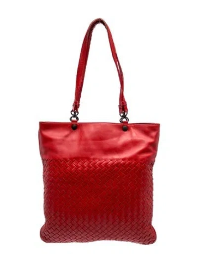 Pre-owned Bottega Veneta Intrecciato Nappa Intrecciato Flat Tote Bag Medium In Red