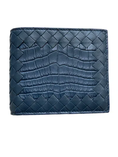 Pre-owned Bottega Veneta Intrecciato Nappa/croc Leather Bifold Wallet In Blue