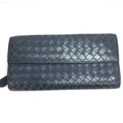 Pre-owned Bottega Veneta Intrecciato Navy Leather Long Wallet (bi-fold) ()