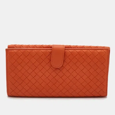 Pre-owned Bottega Veneta Intrecciato Orange Leather Flap Continental Wallet