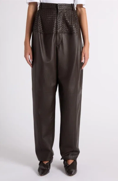 Bottega Veneta Intrecciato Panel Leather Trousers In Brown