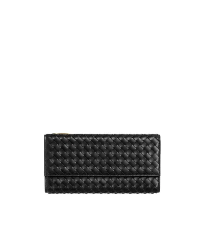 Bottega Veneta Intrecciato Piccolo Long Wallet With Flap In Black
