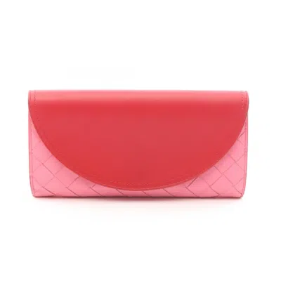 Pre-owned Bottega Veneta Intrecciato Pink Red Color Leather Long Wallet (bi-fold) () In Pink, Red Color