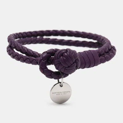 Pre-owned Bottega Veneta Intrecciato Purple Double Knot Leather Silver Tone Bracelet