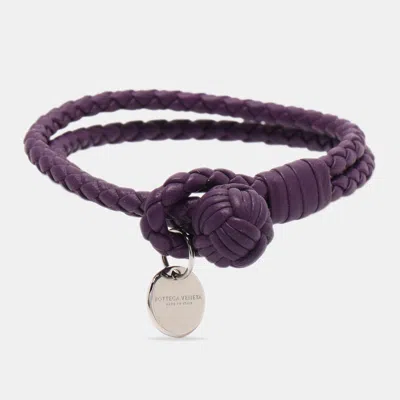Pre-owned Bottega Veneta Intrecciato Purple Double Knot Leather Silver Tone Bracelet M