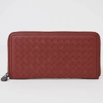 Pre-owned Bottega Veneta Intrecciato Red Color Intrecciato Long Wallet (bi-fold) ()
