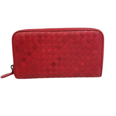 Pre-owned Bottega Veneta Intrecciato Red Color Leather Long Wallet (bi-fold) ()