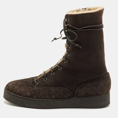 Pre-owned Bottega Veneta Intrecciato Size 39 Dark Brown Suede Shearling Lace Up Ankle Length Boots