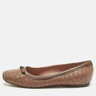 Pre-owned Bottega Veneta Intrecciato Size 39.5 Taupe Brown Leather Bow Ballet Flats