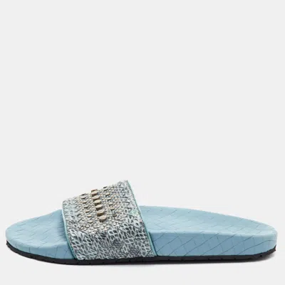 Pre-owned Bottega Veneta Intrecciato Size 41 Blue Snakeskin Leather Studded Flat Slide Sandals