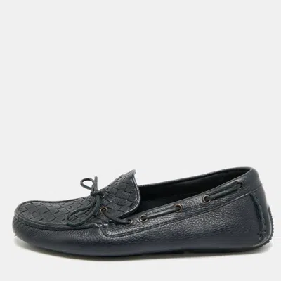 Pre-owned Bottega Veneta Intrecciato Size 41 Navy Blue Intrecciato Leather Bow Slip On Loafers