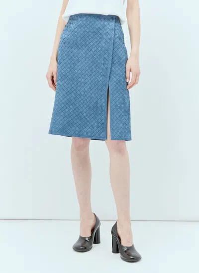 Bottega Veneta Intrecciato Suede Midi Skirt In Blue