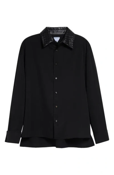 Bottega Veneta Intrecciato Twill Button-up Shirt With Leather Collar In Metallic
