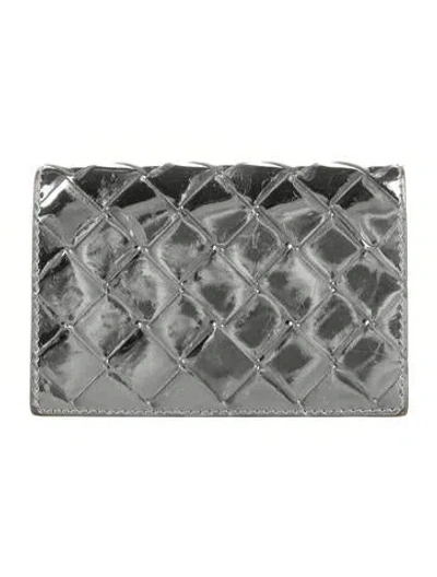 Pre-owned Bottega Veneta Intrecciato Weave Calfskin Card Holder In Metallic/silver