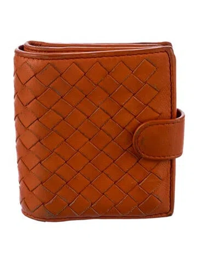 Pre-owned Bottega Veneta Intrecciato Weave Leather Bifold Wallet In Orange