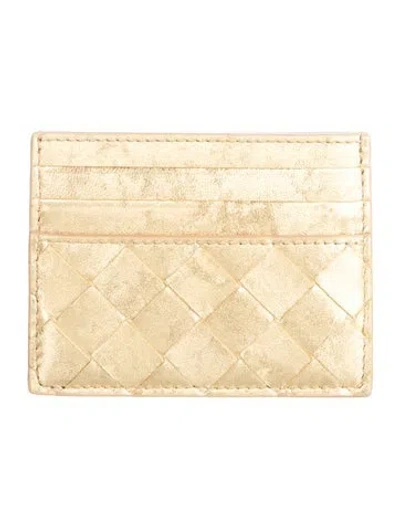 Pre-owned Bottega Veneta Intrecciato Weave Leather Card Holder In Gold/metallic