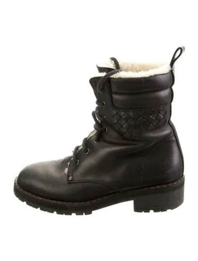 Pre-owned Bottega Veneta Intrecciato Weave Leather Combat Boots In Black