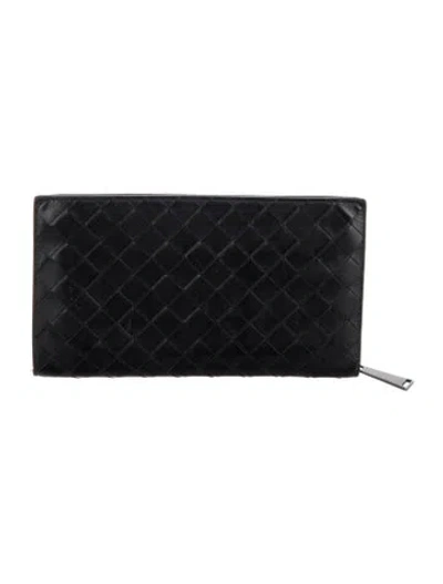 Pre-owned Bottega Veneta Intrecciato Weave Leather Continental Wallet In Black
