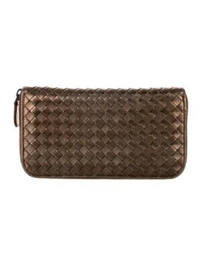 Pre-owned Bottega Veneta Intrecciato Weave Leather Continental Wallet In Brown/metallic