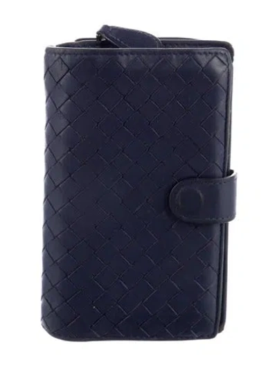 Pre-owned Bottega Veneta Intrecciato Weave Leather Wallet In Blue
